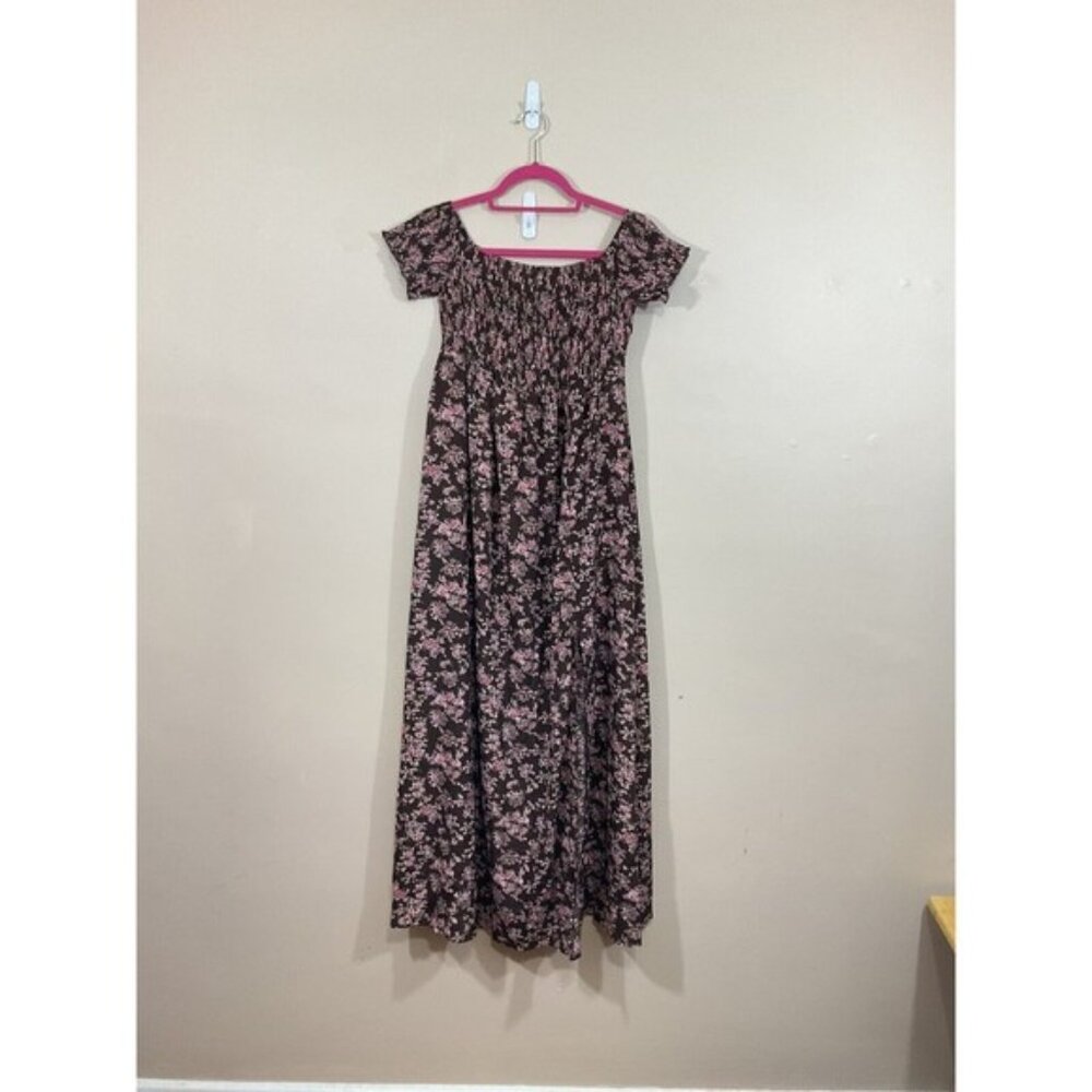Womens Off Shoulder Maxi Dress Size Medium Brown Floral Cottagecore Prairiecore